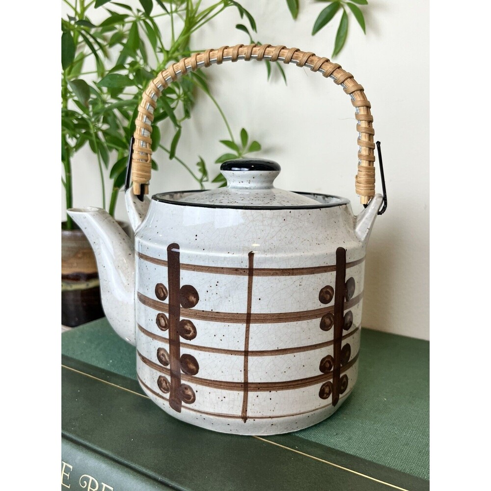 Vintage Otagiri Stoneware Japanese Teapot Hand Crafted Bamboo Handle